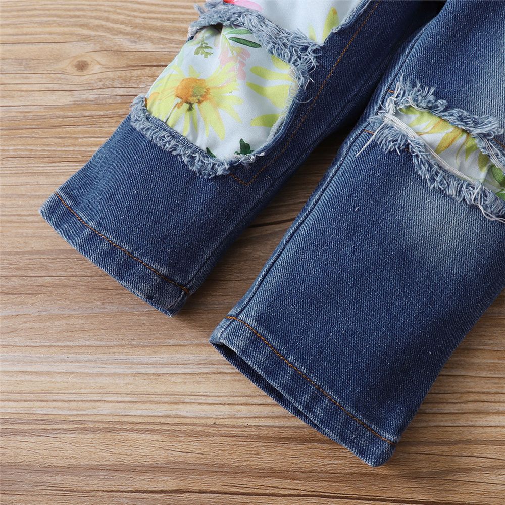 0-5 Years Kid Girl 2PCS Suit Set/Fly Sleeve Floral Sleeveless Tops+Ripped Jeans