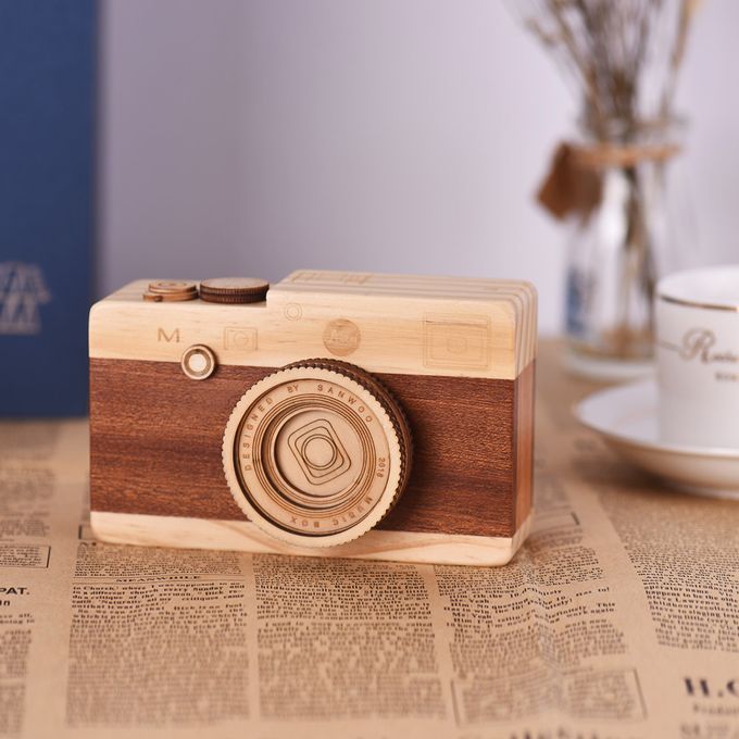 Wooden Music Box Retro Camera Design Classical Melody