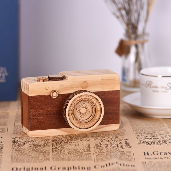 Wooden Music Box Retro Camera Design Classical Melody