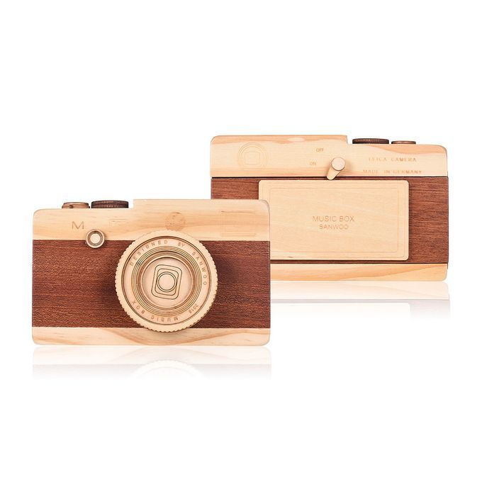 Wooden Music Box Retro Camera Design Classical Melody
