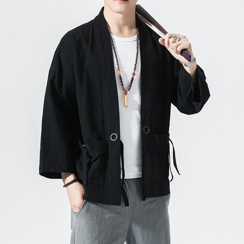 2023 Summer Harajuku Men Sun Protection Clothing Kimono Casual Jackets Male Open Stitch Solid Chinese Style Mens Jacket Outwear