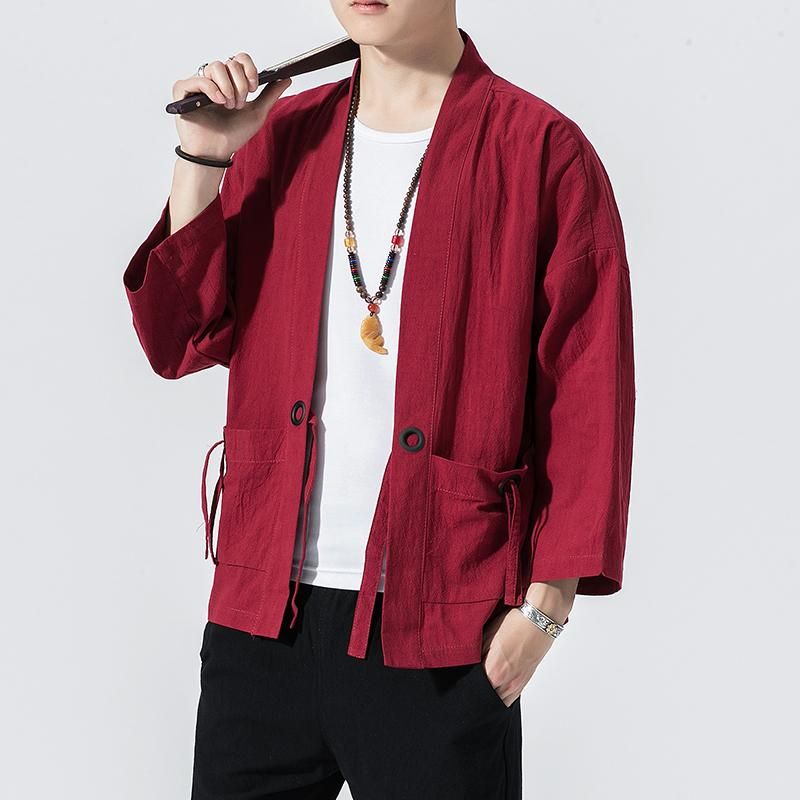 2023 Summer Harajuku Men Sun Protection Clothing Kimono Casual Jackets Male Open Stitch Solid Chinese Style Mens Jacket Outwear