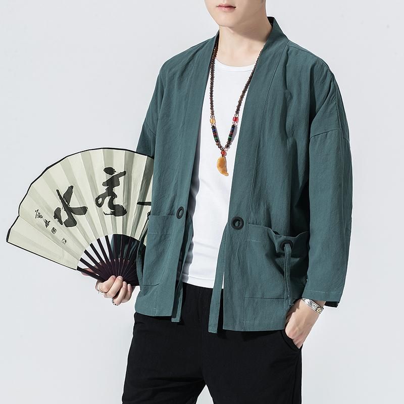 2023 Summer Harajuku Men Sun Protection Clothing Kimono Casual Jackets Male Open Stitch Solid Chinese Style Mens Jacket Outwear