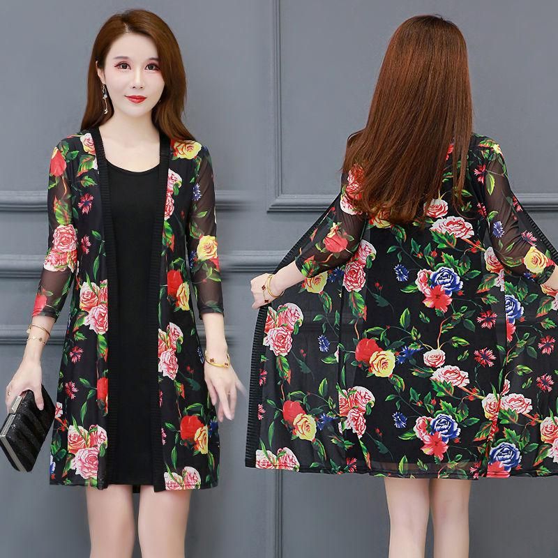 2023 Summer New Mesh Women Sun Protection Clothing Female Long Beach Cardigan Wild Printing Thin Clothing  5XL E35
