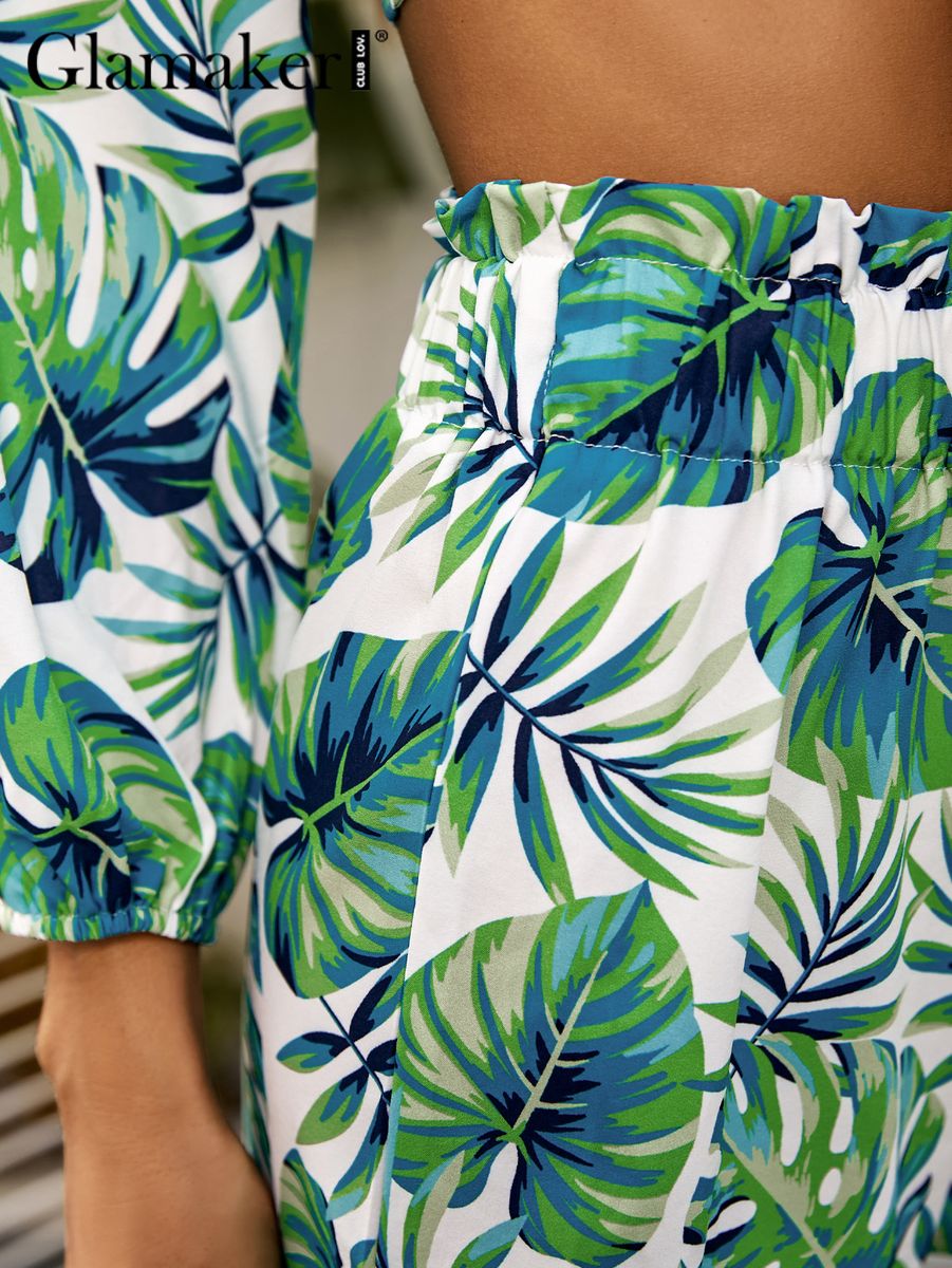 (Green)Glamaker Palm Leaf Printed Boho Beach 2 Piece Suits Women Knotted On The Chest Crop Top And A-line Shorts Holiday Shorts Sets GRE