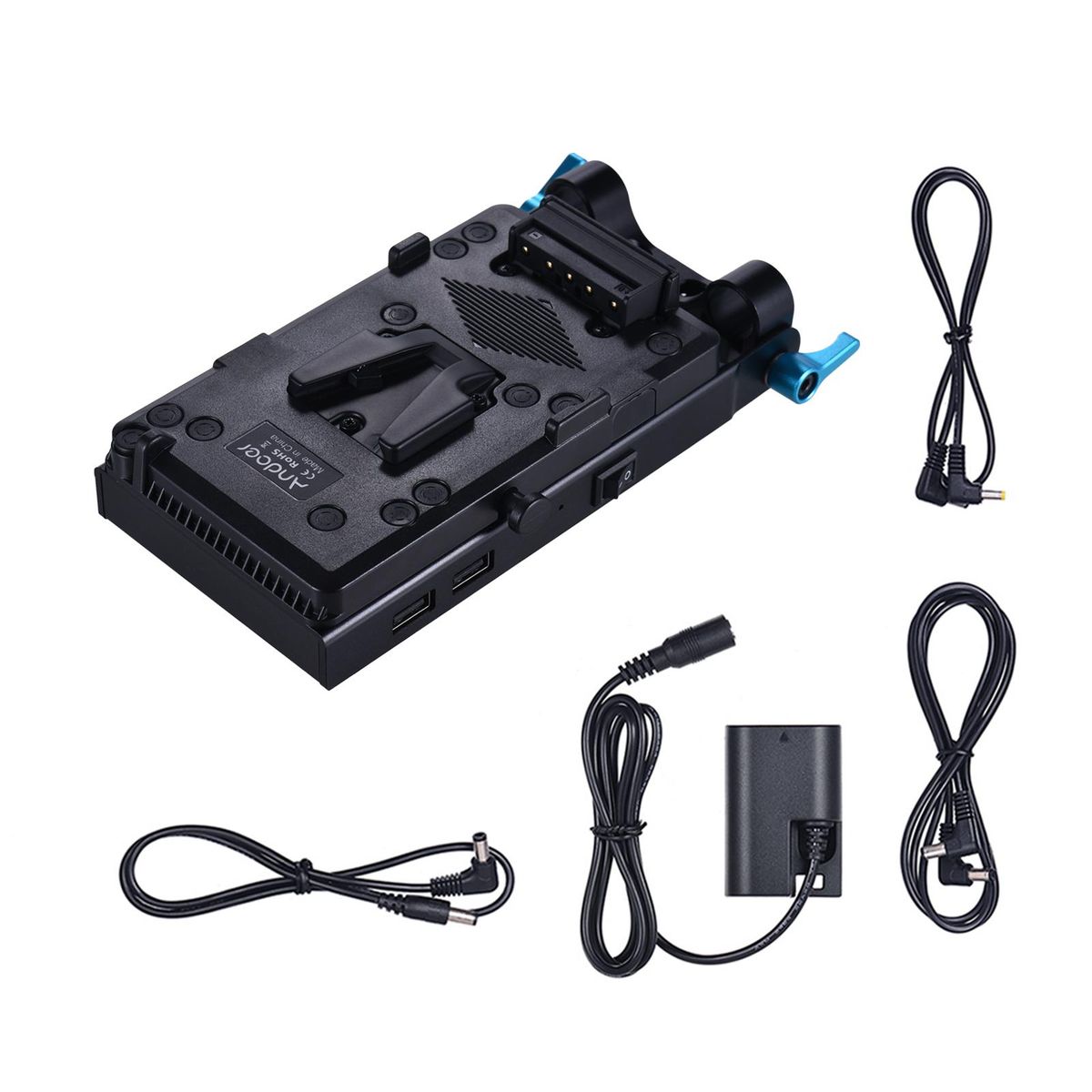 Andoer V Mount V-lock Battery Plate Adapter with 15mm Dual Hole Rod Clamp LP-E6 Dummy Battery Adapter for BMCC BMPCC Canon 5D2/5D3/5D4/80D/6D2/7D2 for Monitor Audio Recorder Microphone Frequency Divider