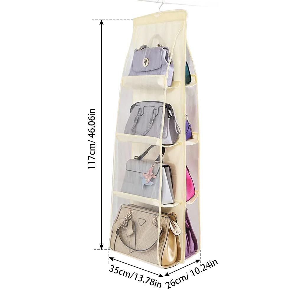 4-layer Handbag Purse Dust-proof Organizer With 8 Pockets Metal Hook Bag Storage Bag For Wardrobe Closet Space Saving Beige