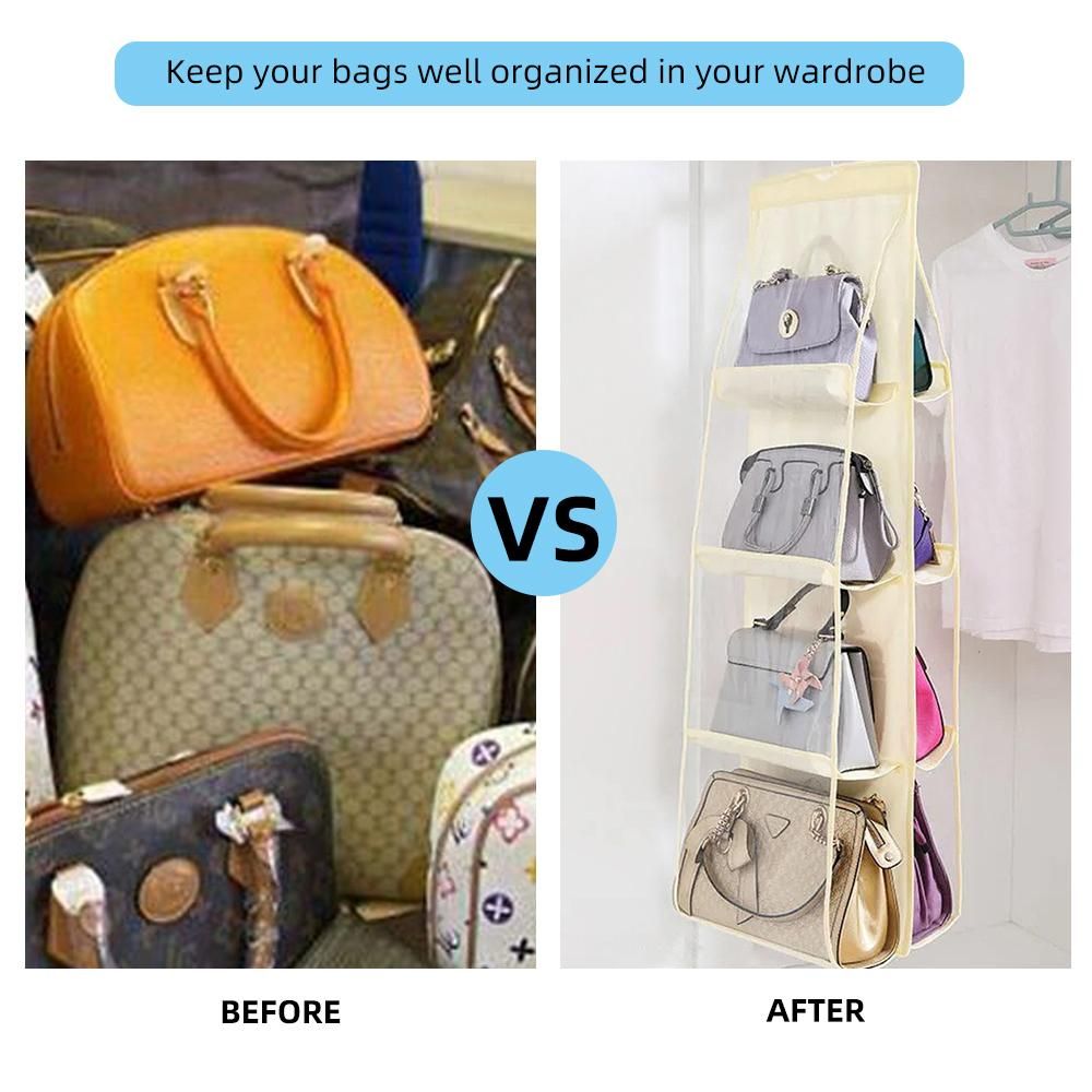 4-layer Handbag Purse Dust-proof Organizer With 8 Pockets Metal Hook Bag Storage Bag For Wardrobe Closet Space Saving Beige