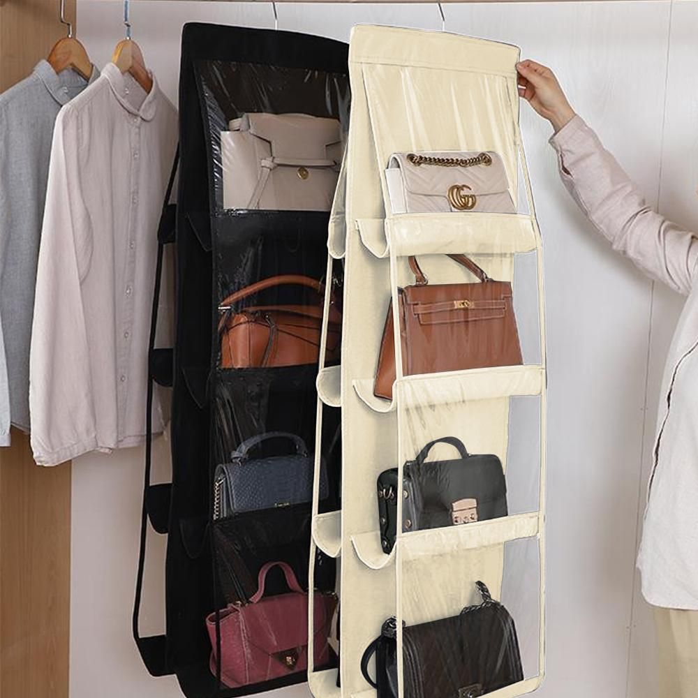 4-layer Handbag Purse Dust-proof Organizer With 8 Pockets Metal Hook Bag Storage Bag For Wardrobe Closet Space Saving Beige