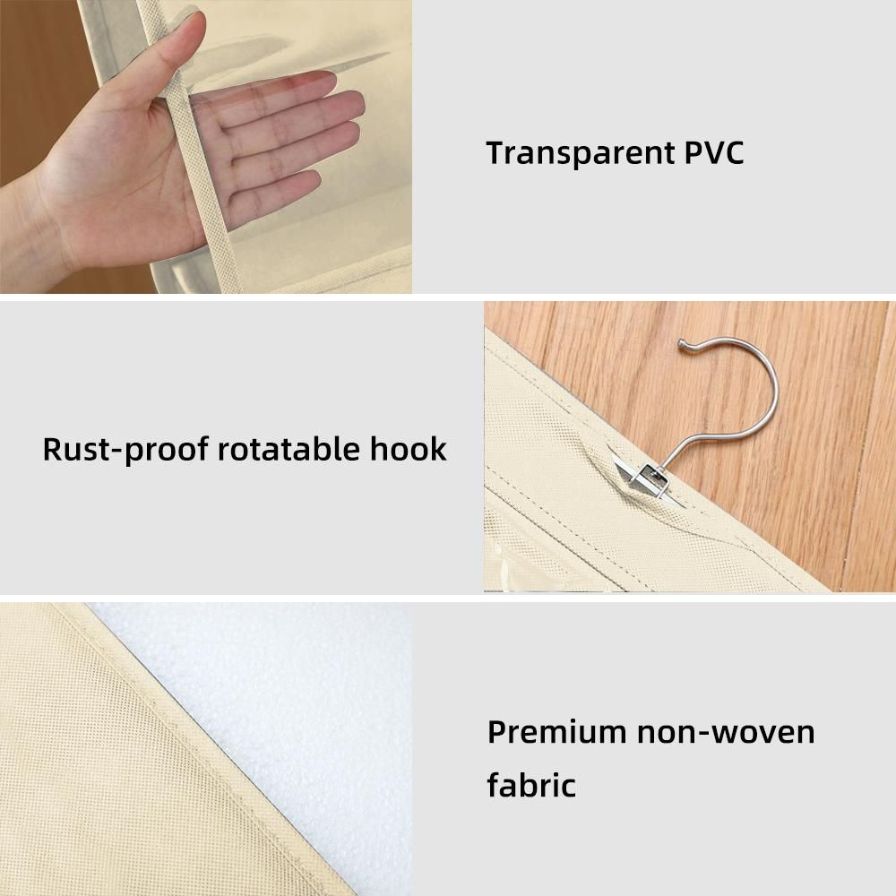 4-layer Handbag Purse Dust-proof Organizer With 8 Pockets Metal Hook Bag Storage Bag For Wardrobe Closet Space Saving Beige