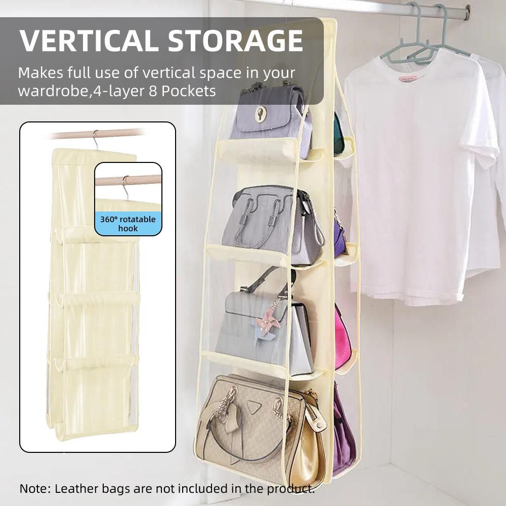 4-layer Handbag Purse Dust-proof Organizer With 8 Pockets Metal Hook Bag Storage Bag For Wardrobe Closet Space Saving Beige