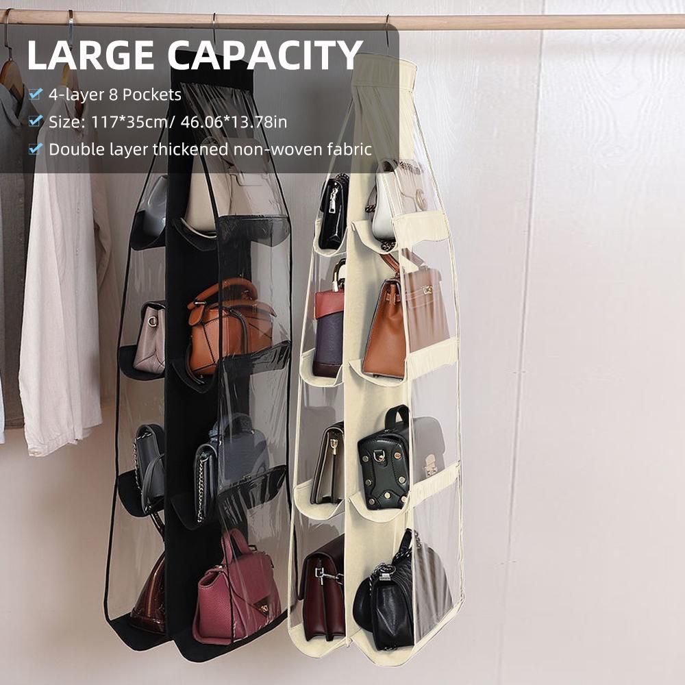 4-layer Handbag Purse Dust-proof Organizer With 8 Pockets Metal Hook Bag Storage Bag For Wardrobe Closet Space Saving Beige