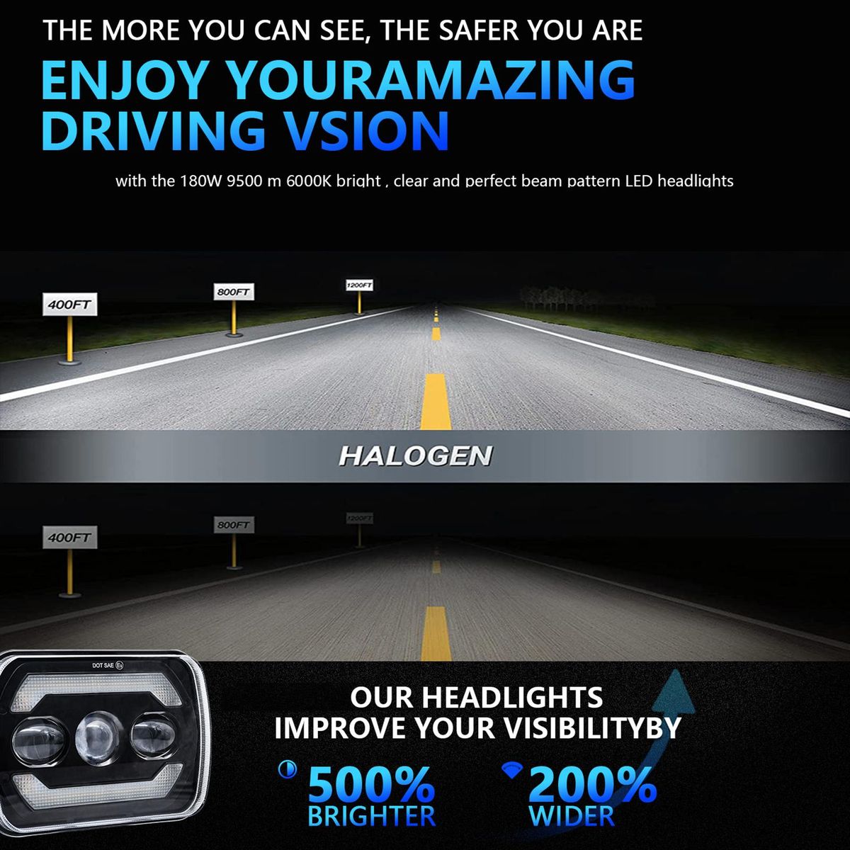 2Pcs 7 inch LED Headlights Approved 7x6 5x7 inch LED Headlights with White High/Low Beam DRL Amber Turn Signal 7'' Square Headlamp 6000K 180W IP67 Waterproof