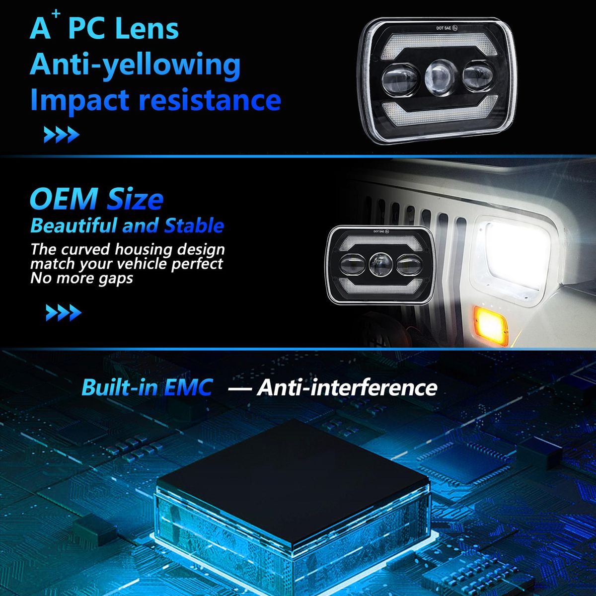 2Pcs 7 inch LED Headlights Approved 7x6 5x7 inch LED Headlights with White High/Low Beam DRL Amber Turn Signal 7'' Square Headlamp 6000K 180W IP67 Waterproof