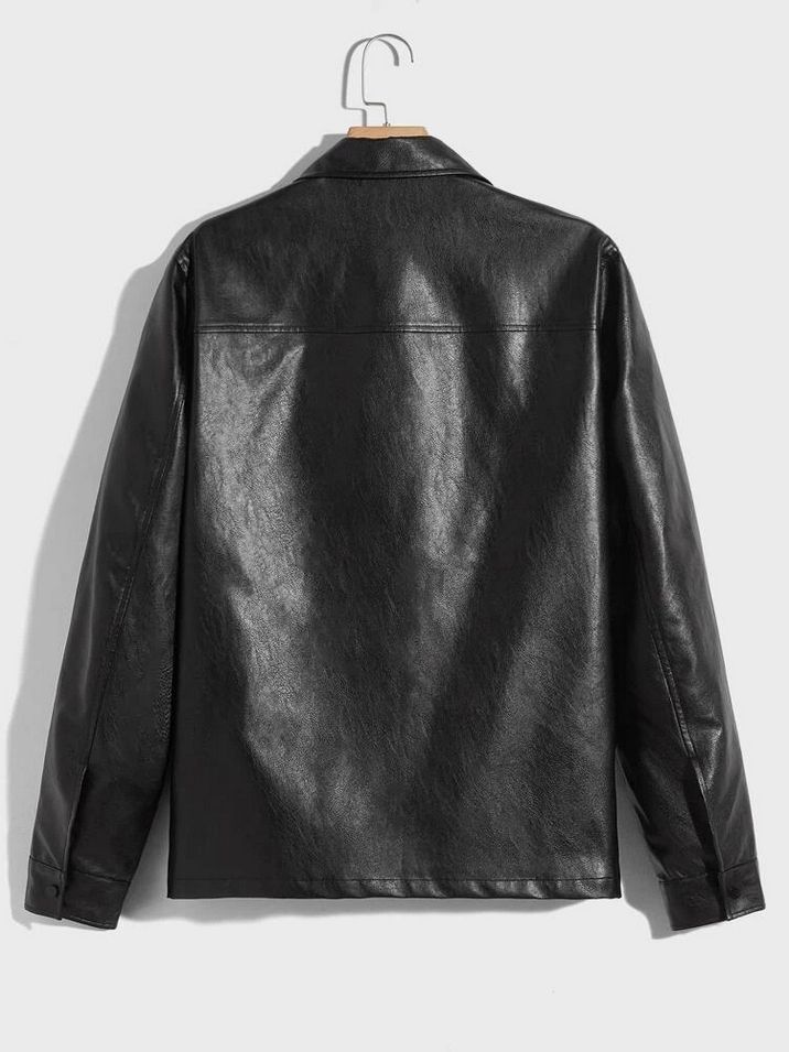 Men Flap Pocket PU Leather Jacket - Black