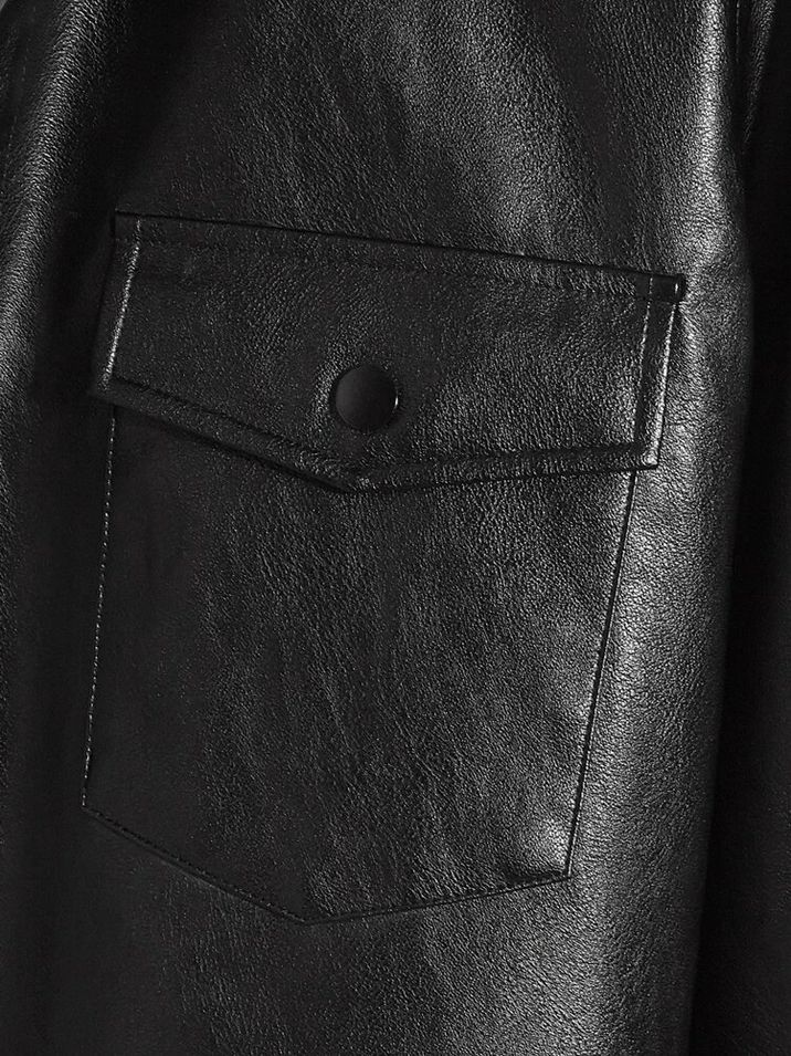 Men Flap Pocket PU Leather Jacket - Black