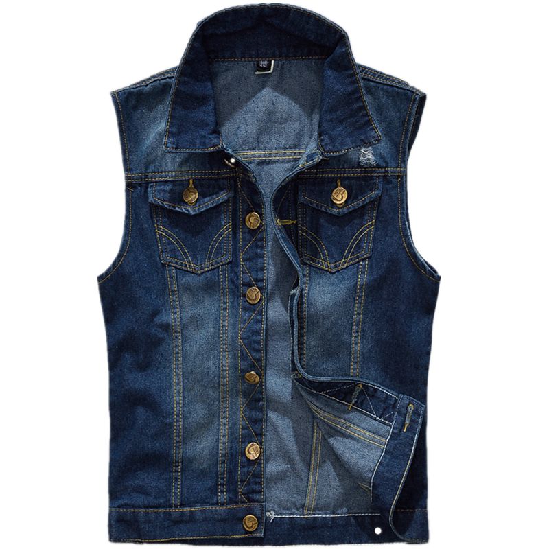 Mens Denim Vest Teens Solid Color Sleeveless Casual Waistcoat Men's Jean Jacket