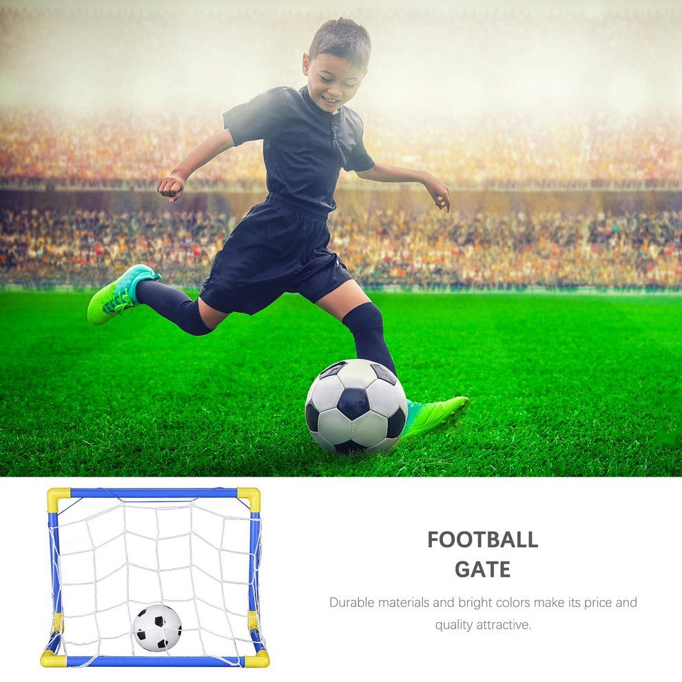 Folding Mini Football So  Er Goal Post Net Set With Pump Kids Sport Toy-Blue &  Yellow
