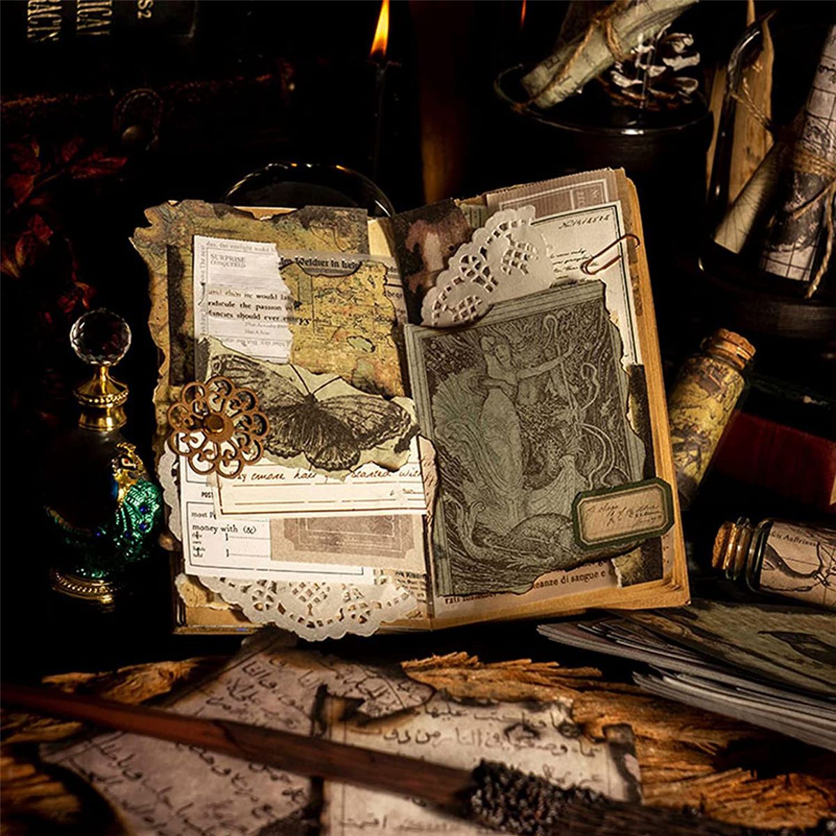 240 Pcs Antique Scrapbook Paper Retro Burning Scrapbook Supplies Bag for Garbage Planner Decorative