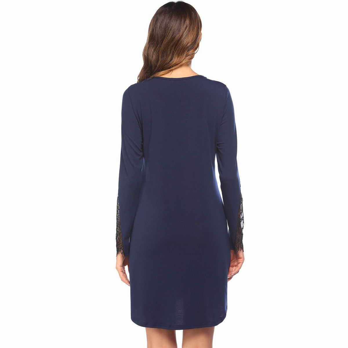 Women Nightdress Lace Splicing Buttons V-Neck Long Sleeve