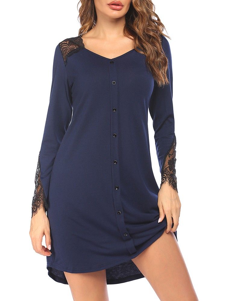 Women Nightdress Lace Splicing Buttons V-Neck Long Sleeve