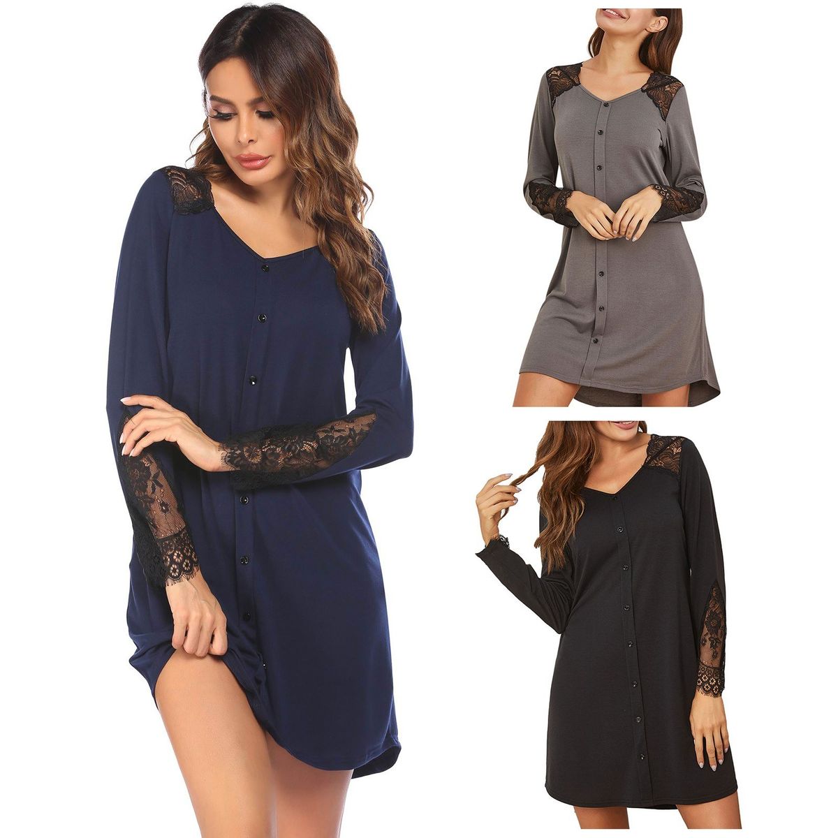 Women Nightdress Lace Splicing Buttons V-Neck Long Sleeve