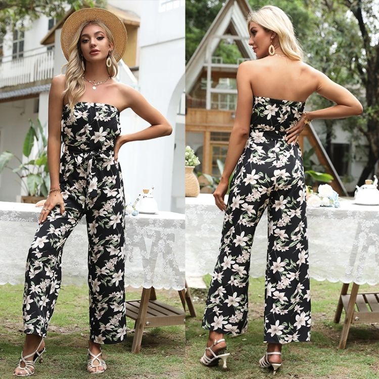 Women Chiffon Printed Boat Shoulder Jumpsuit