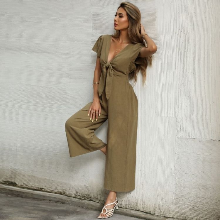 Women Solid Color Sexy Nine-point Wide-leg Jumpsuit