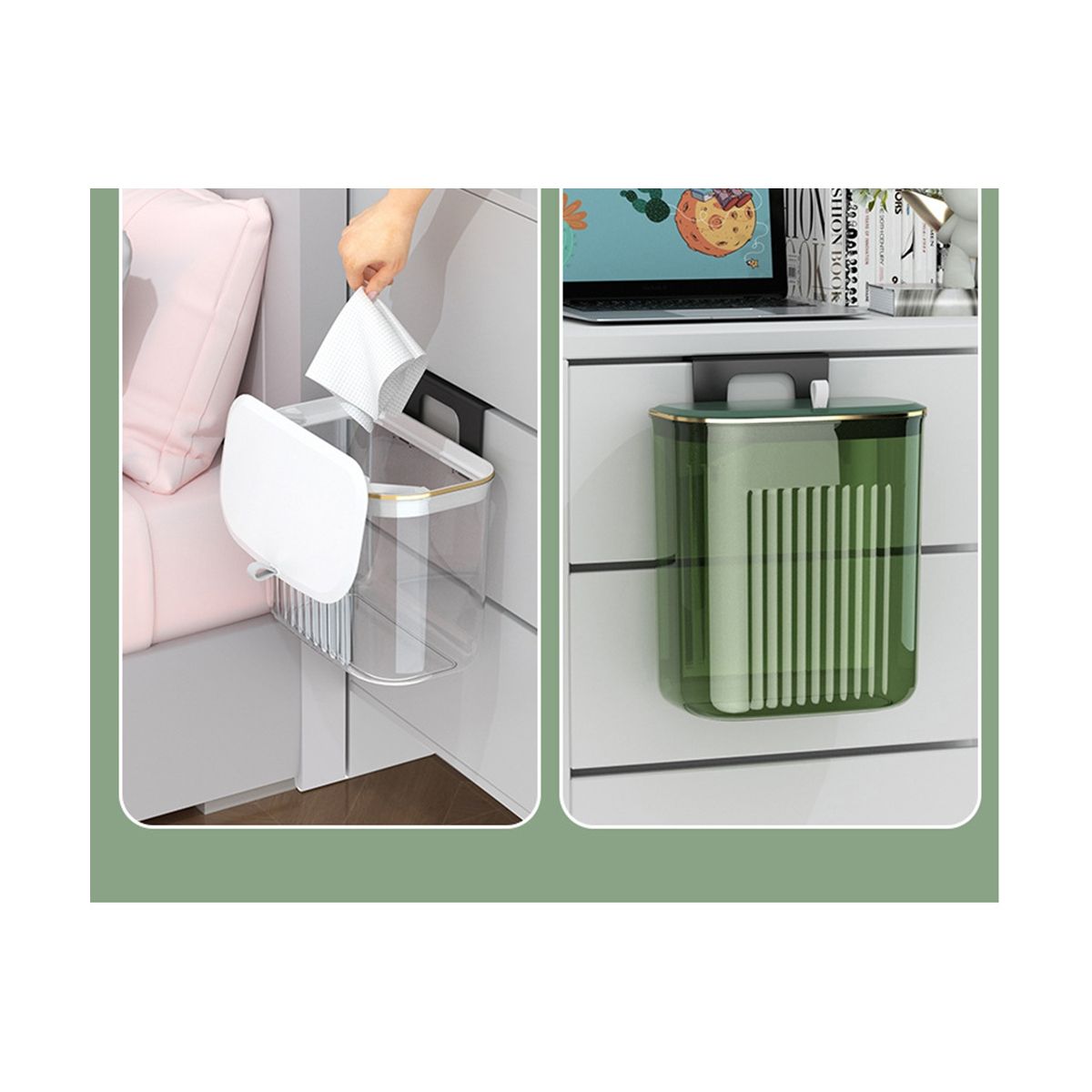 9L Cover Trash Can with Lid Waste Bin Kitchen Cabinet Door Hanging Trash Green