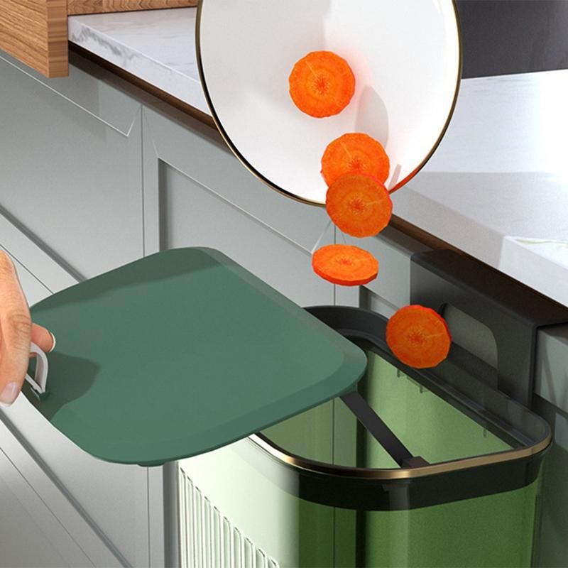 9L Cover Trash Can with Lid Waste Bin Kitchen Cabinet Door Hanging Trash Green