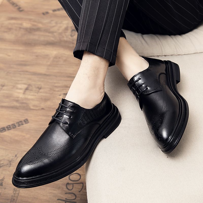 Men Leather Shoes Pointed Business Dress Shoes All-Match Casual Shoes Shock-Absorbing Footwear Wear Resistant Sole Black