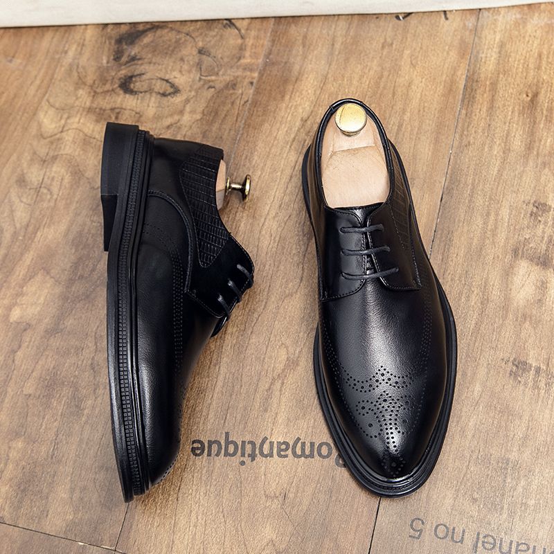 Men Leather Shoes Pointed Business Dress Shoes All-Match Casual Shoes Shock-Absorbing Footwear Wear Resistant Sole Black