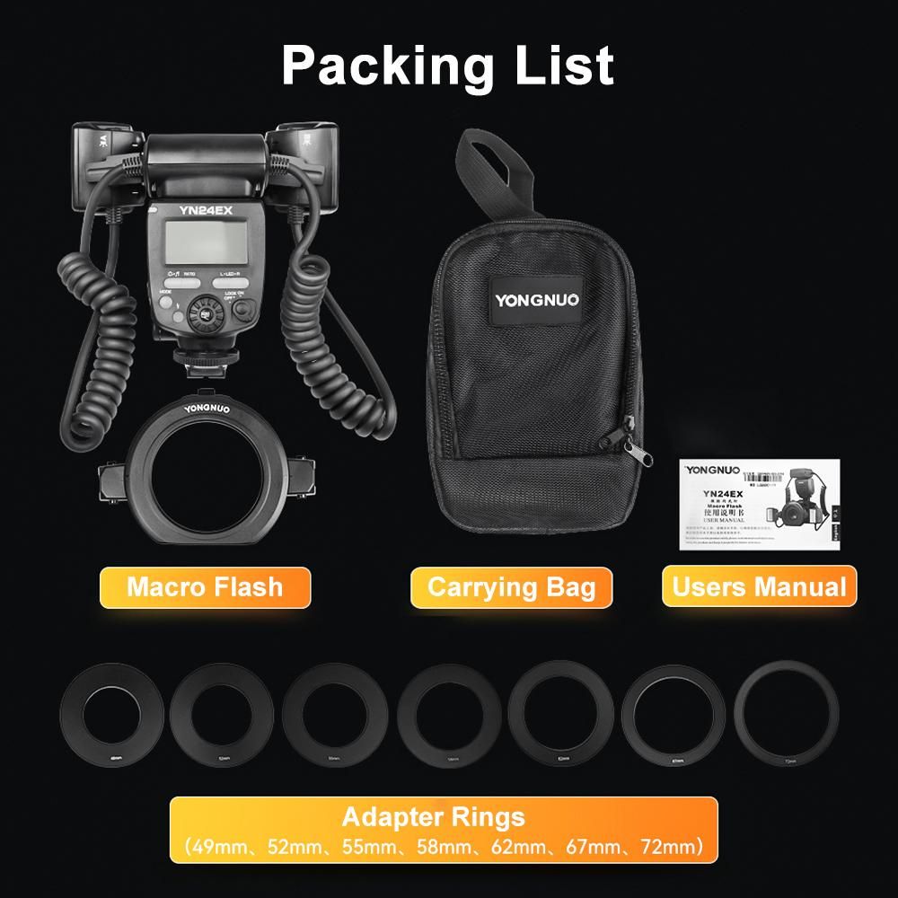 YONGNUO YN24EX Dual Head Macro Flash Camera Speedlite GN18 TTL Auto/ Manual Flash 5600K 3s Recycle Time with 7pcs Adapter Rings Replacement for Sony A7III A7IV A7R III A7S III A7C A9II A6600 A6500 A6300