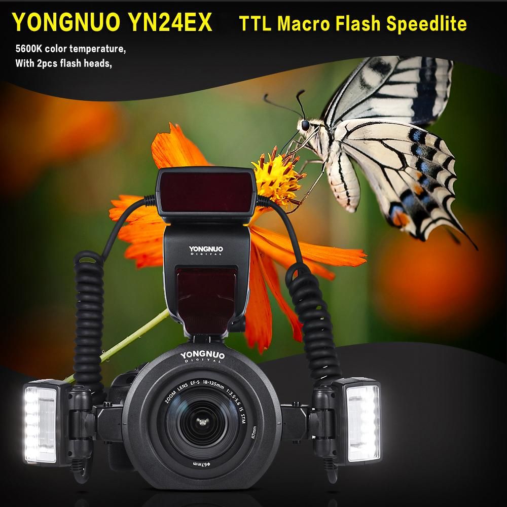 YONGNUO YN24EX Dual Head Macro Flash Camera Speedlite GN18 TTL Auto/ Manual Flash 5600K 3s Recycle Time with 7pcs Adapter Rings Replacement for Sony A7III A7IV A7R III A7S III A7C A9II A6600 A6500 A6300