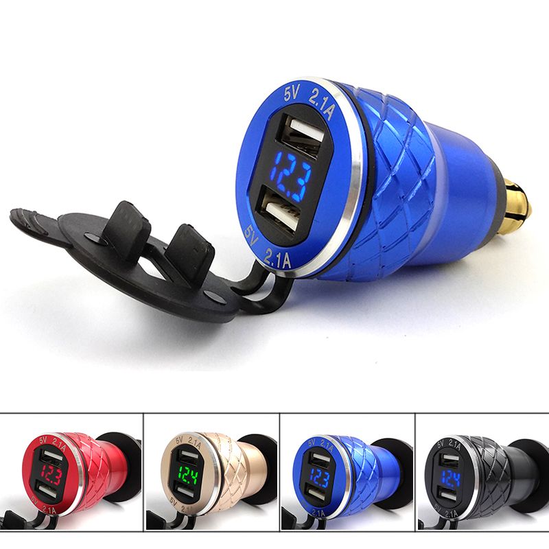 （110-Golden）4.2A Aluminum Dual USB Moto Cigarette  Socket For BMW Hella/DIN Plug Motorcycle Charger LED Display Power Outlet Adapter