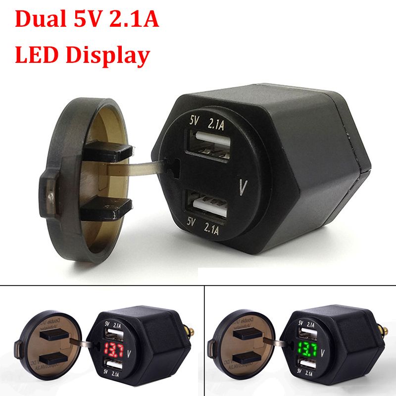 （110-Golden）4.2A Aluminum Dual USB Moto Cigarette  Socket For BMW Hella/DIN Plug Motorcycle Charger LED Display Power Outlet Adapter