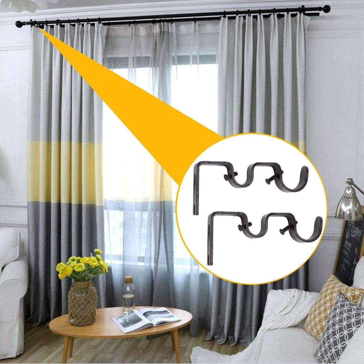 3PcsSet Curtain Rod Brackets Heavy Duty Double Rod Holders Durable Metal Curtain Rod Wall Brackets with Screw Black