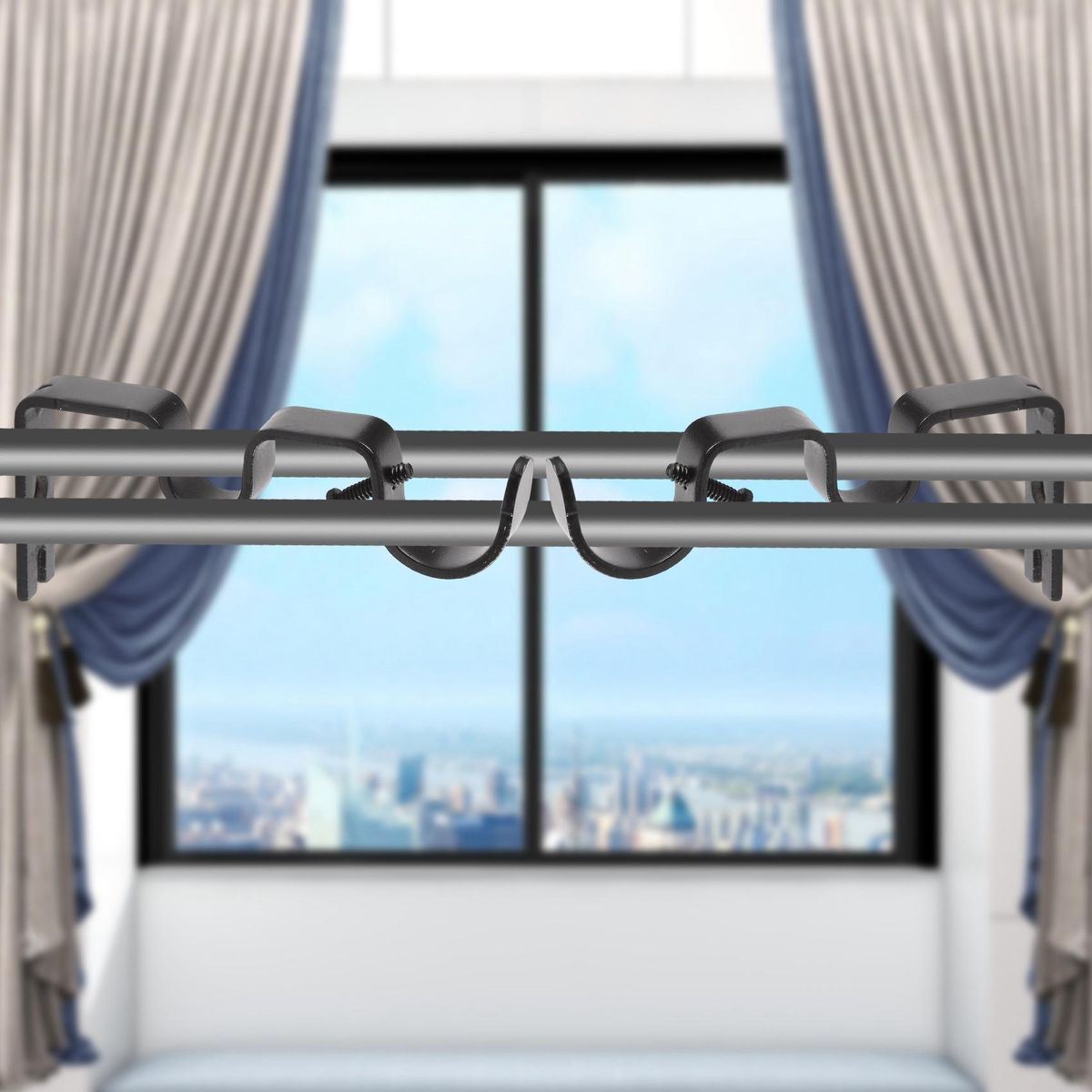 3PcsSet Curtain Rod Brackets Heavy Duty Double Rod Holders Durable Metal Curtain Rod Wall Brackets with Screw Black