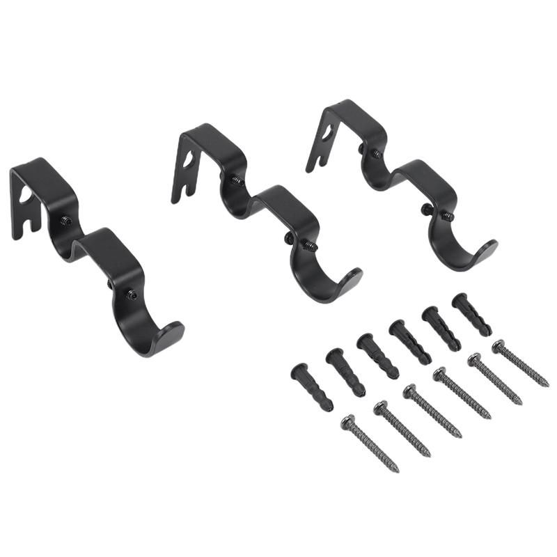 3PcsSet Curtain Rod Brackets Heavy Duty Double Rod Holders Durable Metal Curtain Rod Wall Brackets with Screw Black
