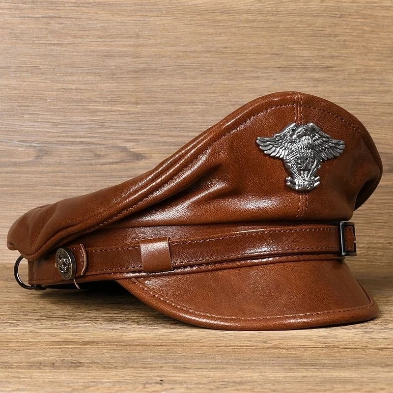 Retro  Ary Caps For Men Male Genuine Leather Flat Top Hats European American Captain Locomotive Chapeau-Brown