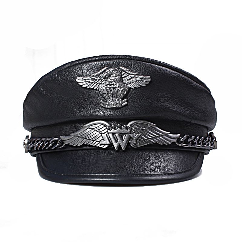 Exclusive  Ary Cap Man Genuine Leather Flat Top Hat Korean Fashion Eagle Mark Chain Punk Locomotive Casquette Male-style 2