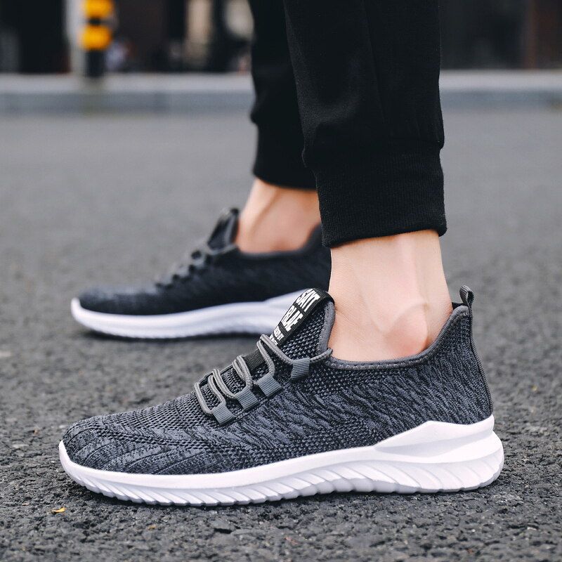 Mens Lightweight Sport Running Shoes Fabric Mesh Sneakers Flying Woven Lace Running Shoes Sport Tide Shoes EU:43