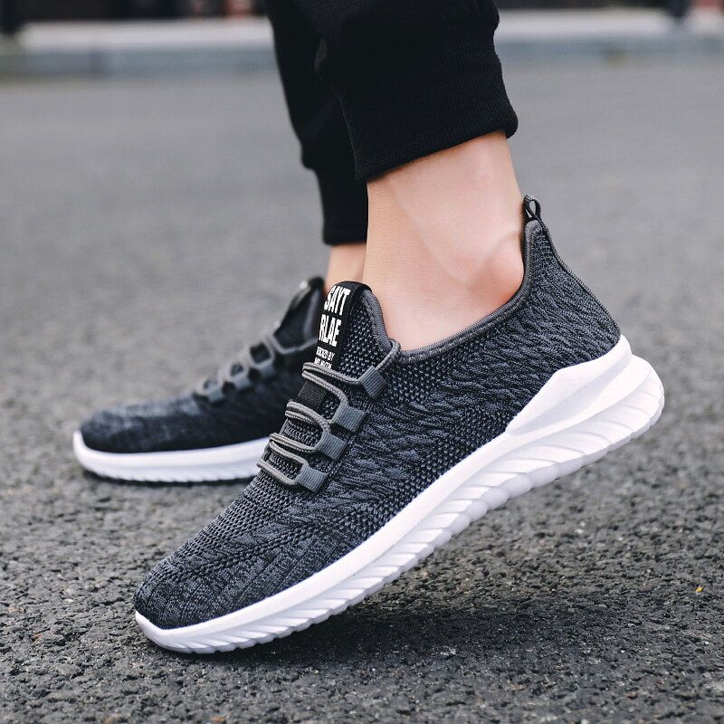 Mens Lightweight Sport Running Shoes Fabric Mesh Sneakers Flying Woven Lace Running Shoes Sport Tide Shoes EU:43