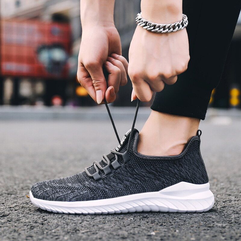 Mens Lightweight Sport Running Shoes Fabric Mesh Sneakers Flying Woven Lace Running Shoes Sport Tide Shoes EU:43