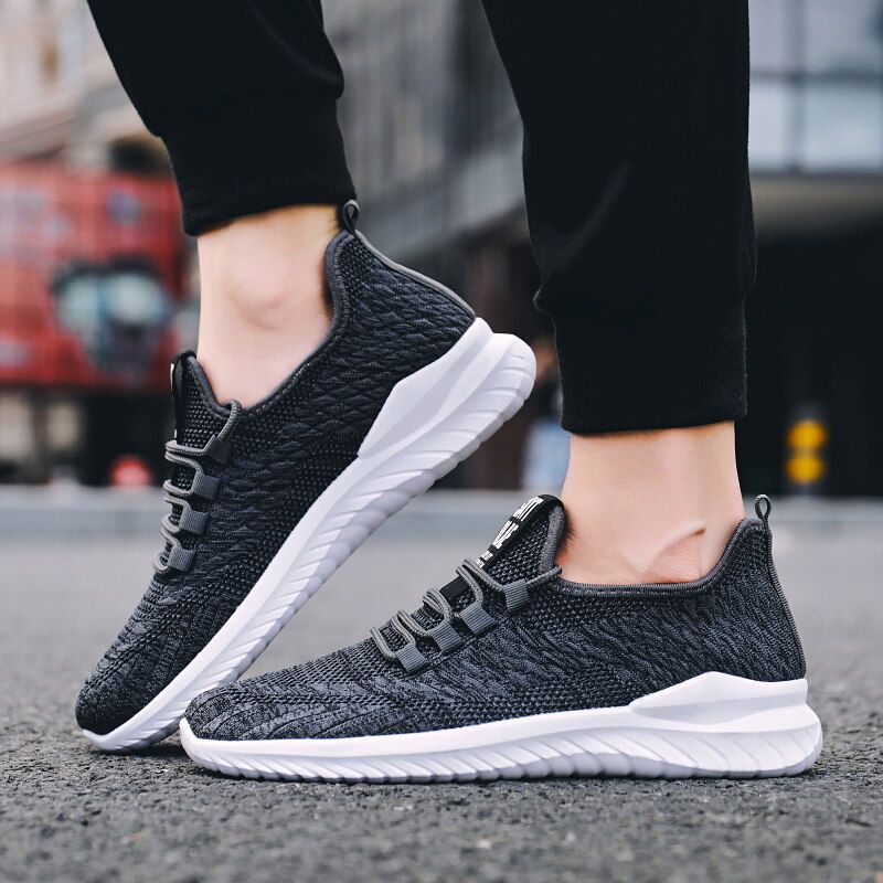Mens Lightweight Sport Running Shoes Fabric Mesh Sneakers Flying Woven Lace Running Shoes Sport Tide Shoes EU:43