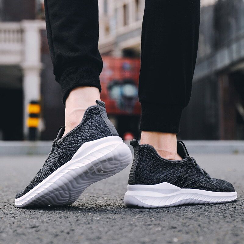Mens Lightweight Sport Running Shoes Fabric Mesh Sneakers Flying Woven Lace Running Shoes Sport Tide Shoes EU:43