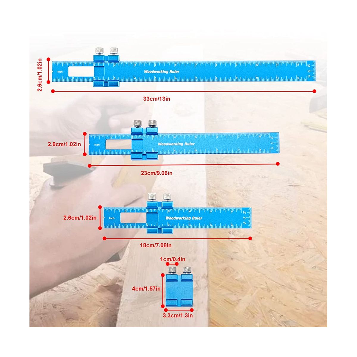 Aluminum Woodworking Rulers with Slide Stop, 3 Pcs Ruler