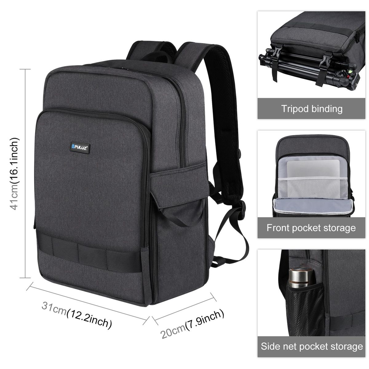 PULUZ PU5017B Portable Camera Backpack Camera Bag Dual Shoulder Straps Large Capacity Camera Case with Laptop Compartment Tripod Holder for Women Men Photographer