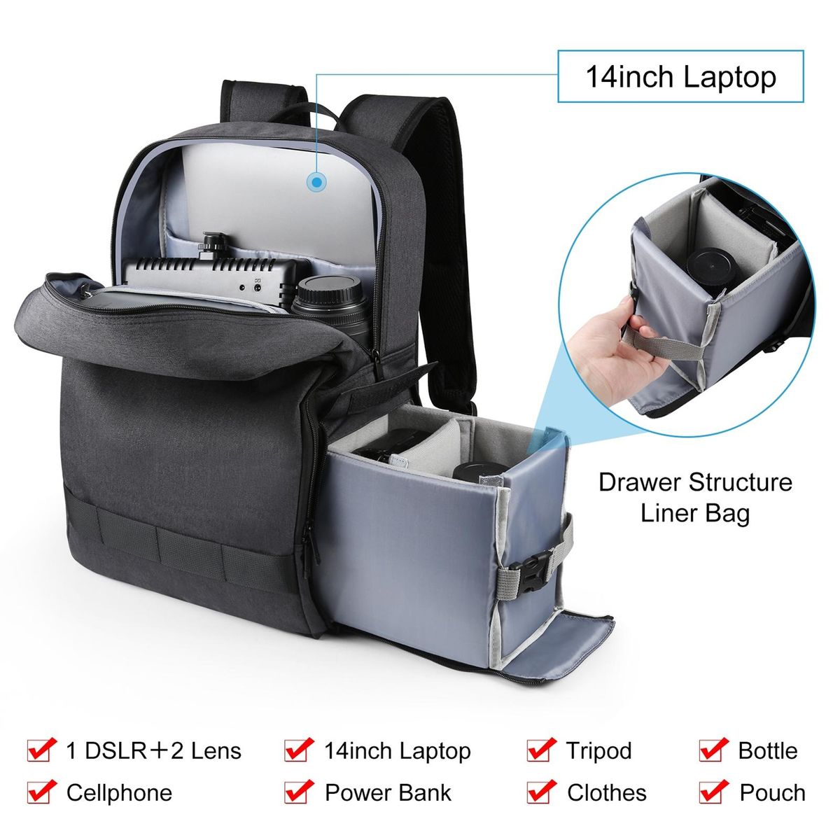 PULUZ PU5017B Portable Camera Backpack Camera Bag Dual Shoulder Straps Large Capacity Camera Case with Laptop Compartment Tripod Holder for Women Men Photographer