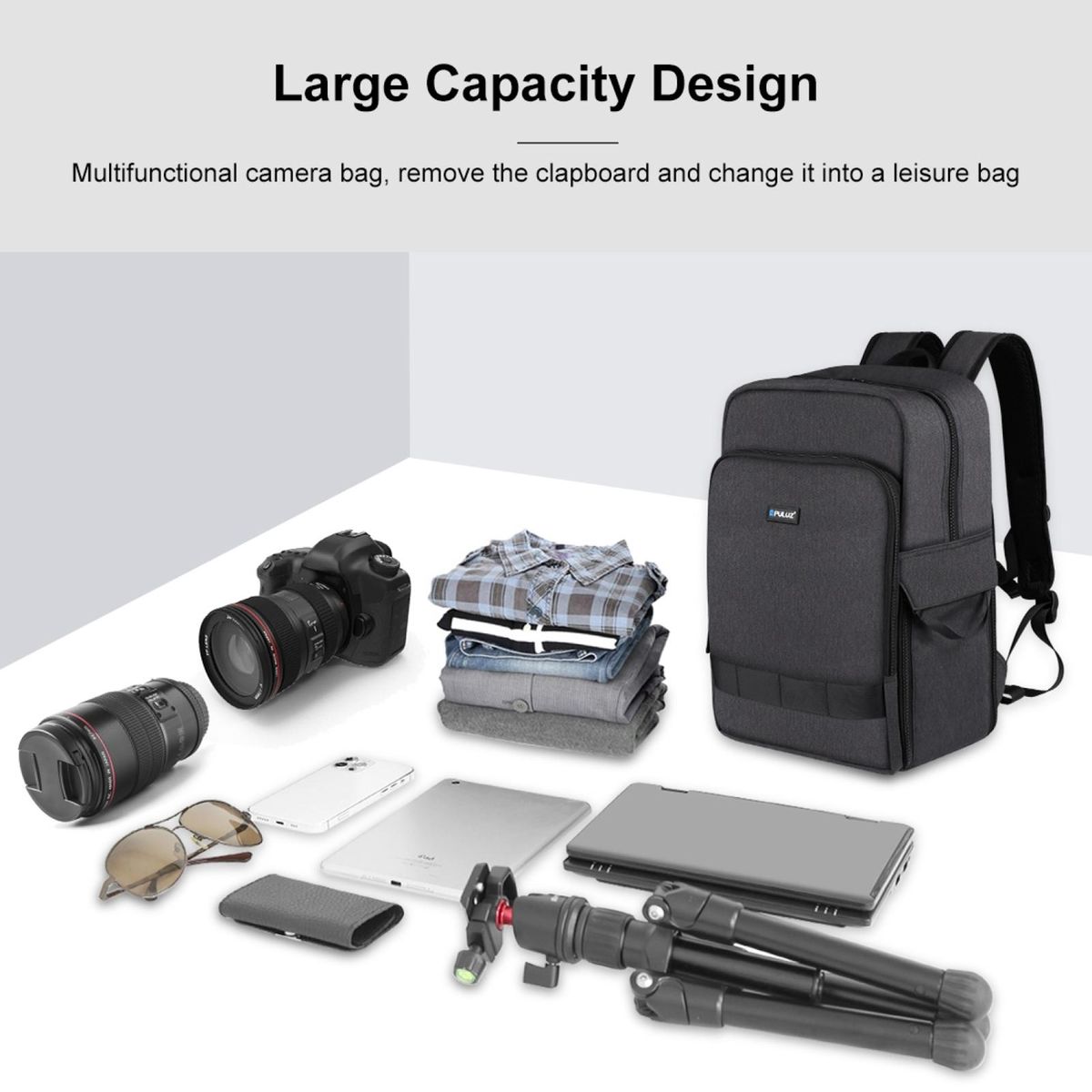 PULUZ PU5017B Portable Camera Backpack Camera Bag Dual Shoulder Straps Large Capacity Camera Case with Laptop Compartment Tripod Holder for Women Men Photographer